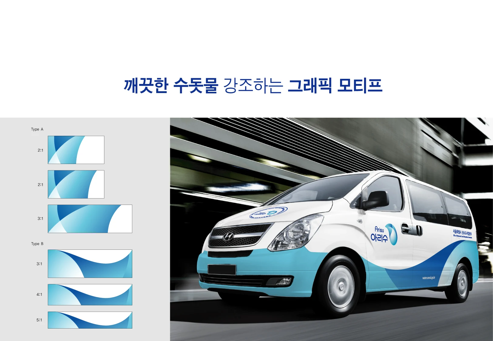 물의 흐름을 표현한 그래픽 모티프와 아리수 차량 적용 디자인