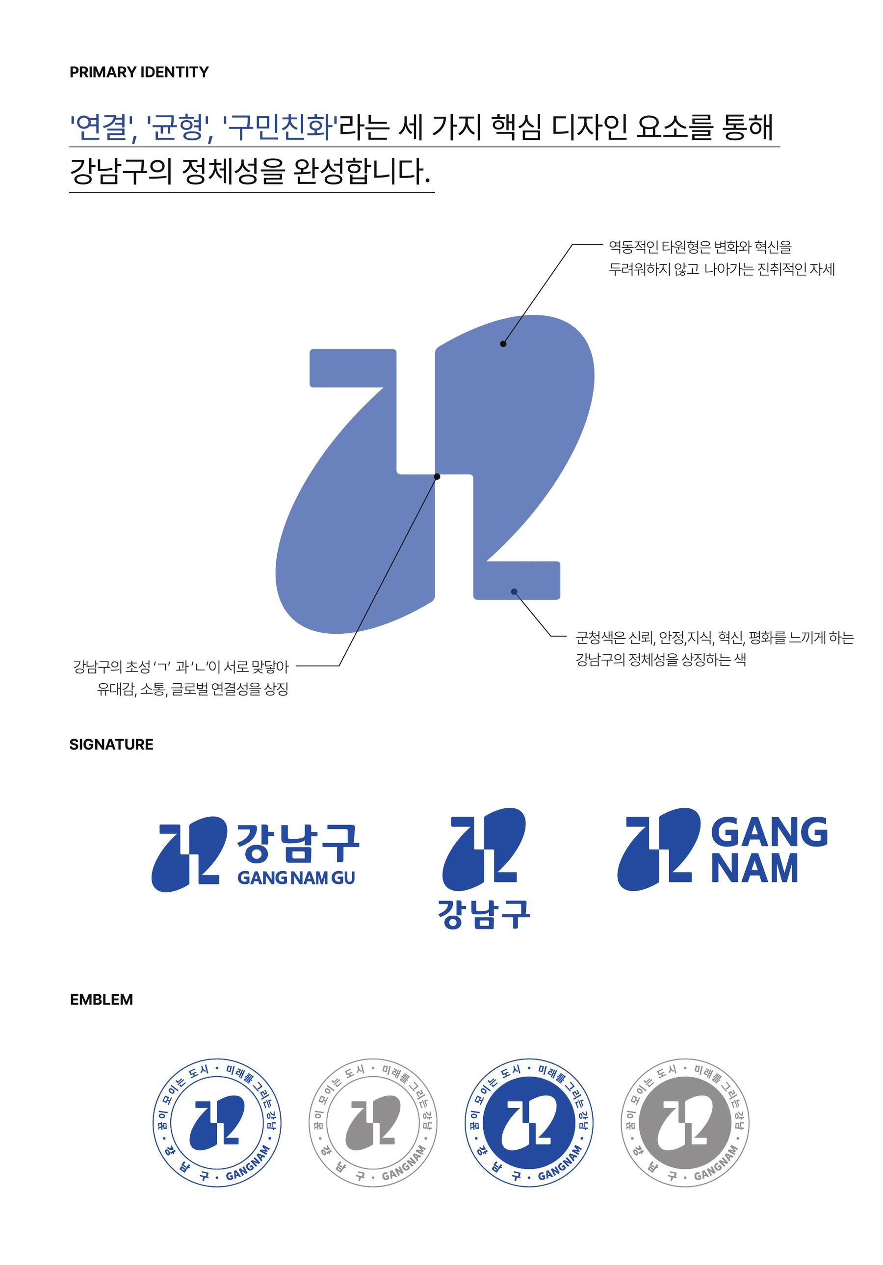강남구 CI·50주년 엠블럼 — 연결·균형·구민친화를 담은 심벌과 시그니처