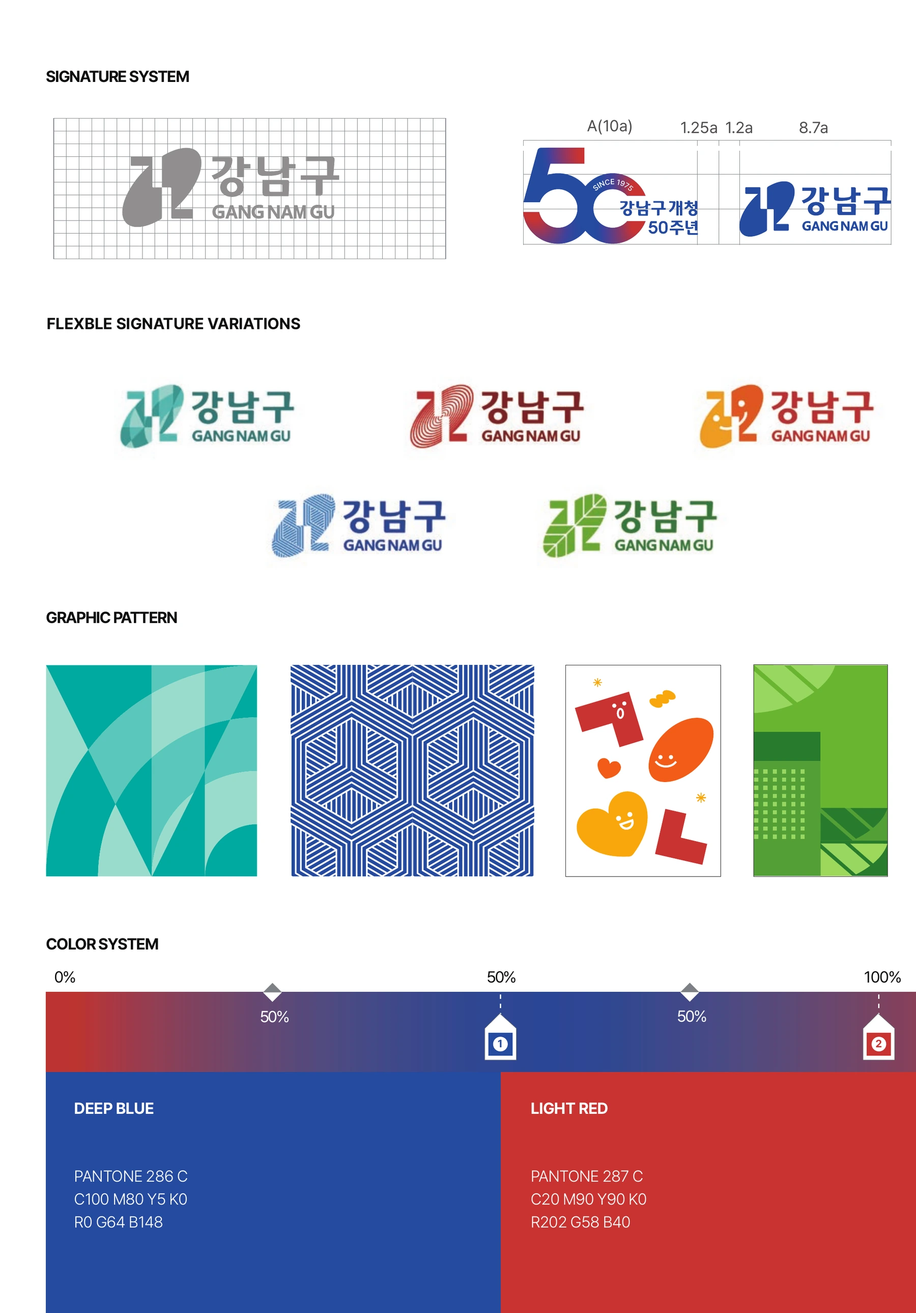 강남구 CI·50주년 엠블럼 — 강남구 50주년 엠블럼·색상 변형·그래픽 패턴